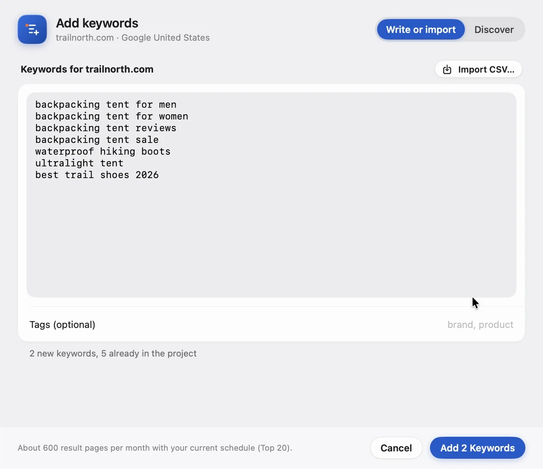 Altitude’s Add Keywords sheet with the monthly result pages the new keywords add up to
