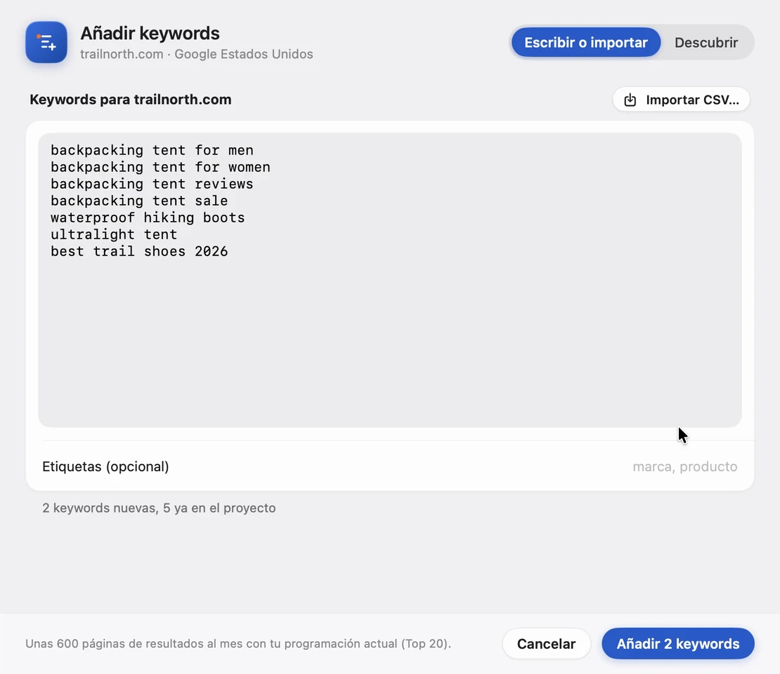 Hoja Añadir keywords de Altitude con las páginas de resultados al mes que suman las nuevas keywords