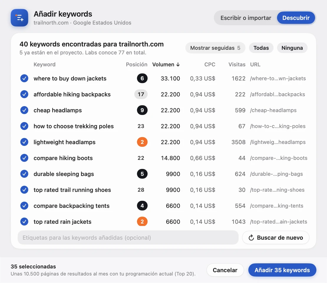 Hoja Descubrir con las keywords por las que el dominio ya posiciona, su posición, volumen, CPC y visitas