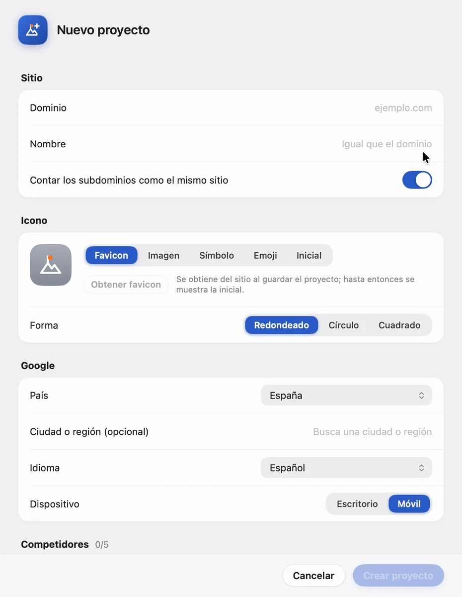 Hoja Nuevo proyecto: dominio, icono, país, idioma, dispositivo y competidores