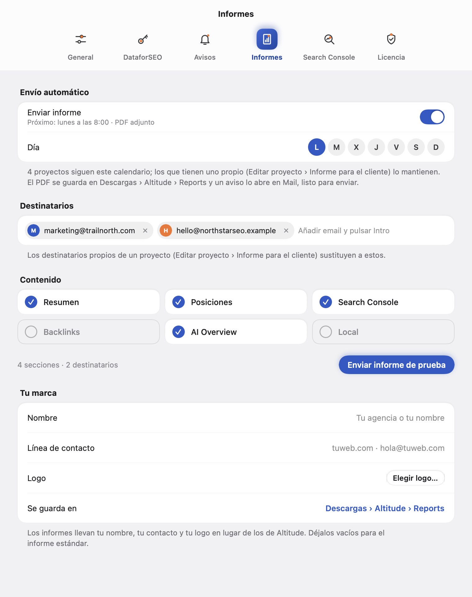 Ajustes de informes: envío automático, destinatarios, secciones y tu marca